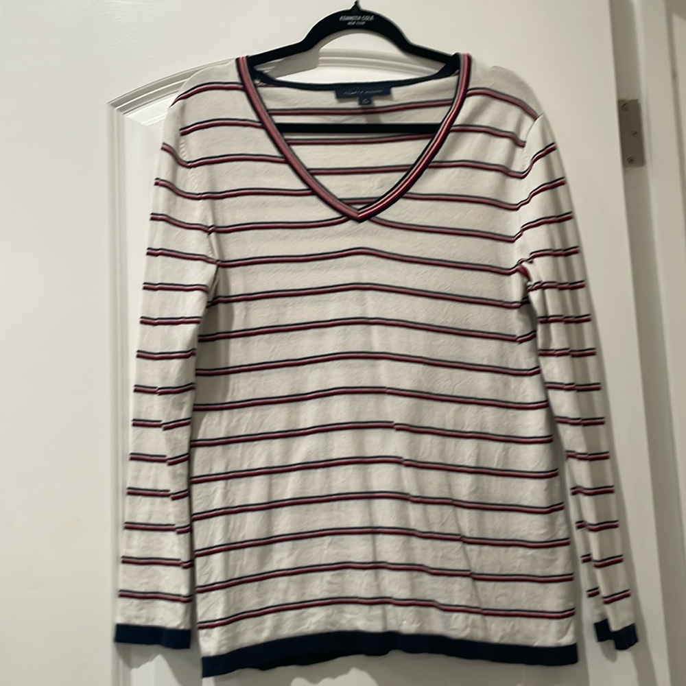 Tommy Hilfiger long sleeve v-neck white shirt with red white and blue stripes